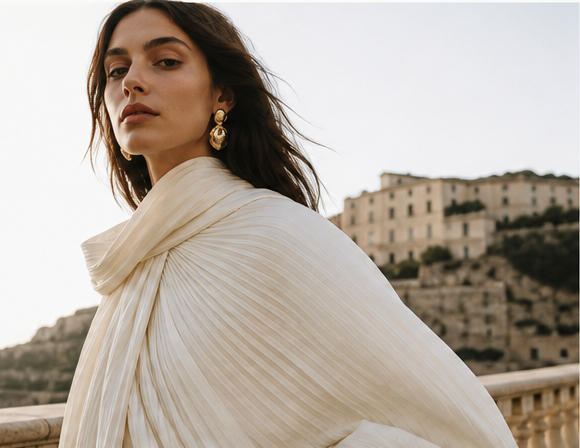 Fashion portrait overlooking a sun-washed Mediterranean coastline.